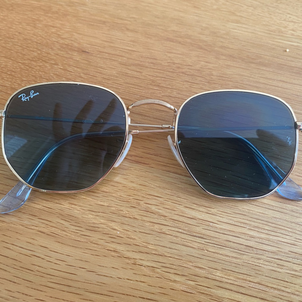 Ray-Ban Hexagonal Flat Sunglasses with Gold Frame and Blue/Green Lenses.